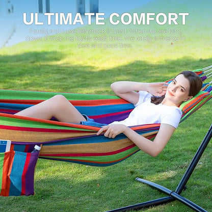 Versatile indoor/outdoor hammock (with stand)—features a portable, space-saving, and durable steel stand; suitable for indoor, outdoor, and patio use; 500 lb weight capacity (Tropical Style).