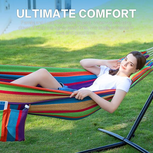 Versatile indoor/outdoor hammock (with stand)—features a portable, space-saving, and durable steel stand; suitable for indoor, outdoor, and patio use; 500 lb weight capacity (Tropical Style).