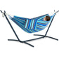 Versatile indoor/outdoor hammock (with stand)—features a portable, space-saving, and durable steel stand; suitable for indoor, outdoor, and patio use; 500 lb weight capacity (Tropical Style).