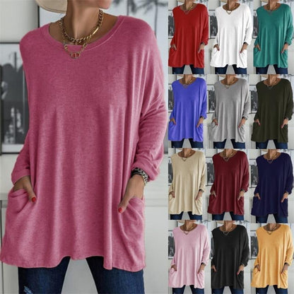 💞 Relaxed Fit, Easy Match Style | Women's Round Neck Long Sleeve Loose Pocket T-Shirt