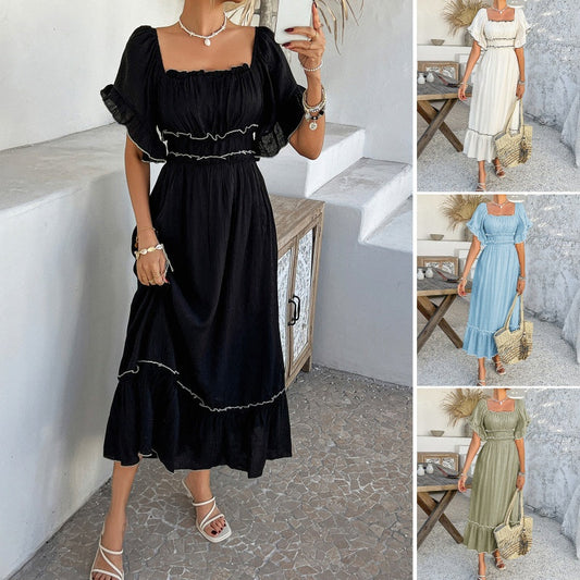 Women's Causal Puffy Short Sleeve Square Neck Dresses