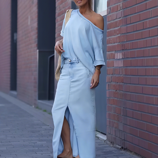 💖High quality 🎁Women's Diagonal Shoulder Top with Split Denim Long Skirt