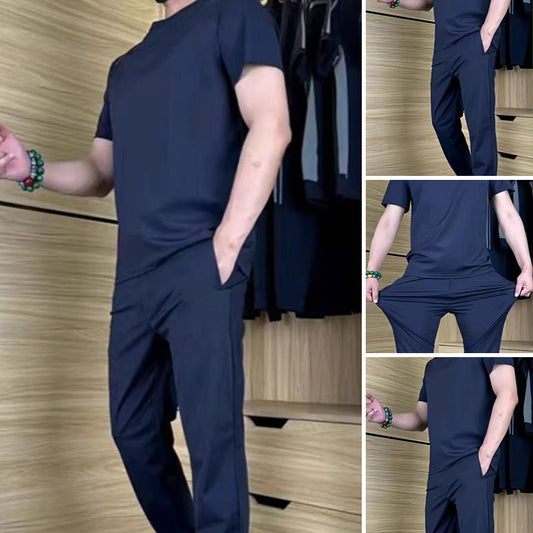 Men’s Casual Ice Silk Stretch T-Shirt & Pants Two-Piece Set