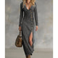 ❤️Women's Long-Sleeved V-Neck Long Denim Dress with Slits for All Seasons