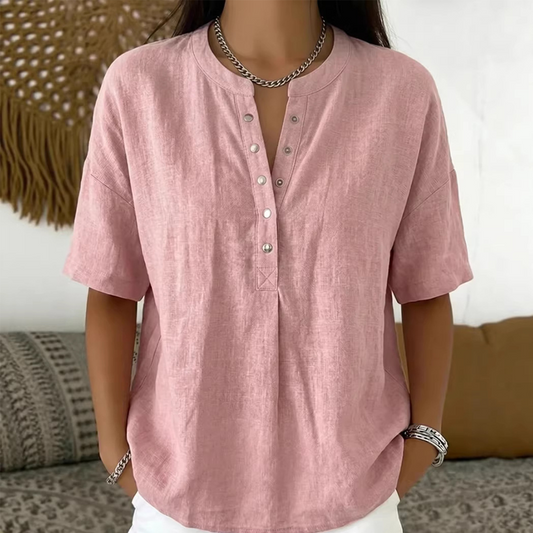 💖 Women's Solid-Color Button-Down Collar Casual Loose Cotton-Linen Top