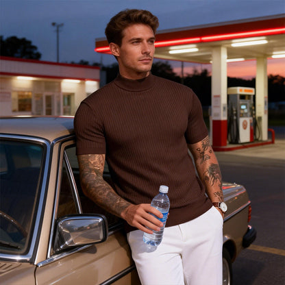 👕 Clean Neckline, Textured Comfort | Men's Slim Mock Neck Ribbed T-Shirt 🍁