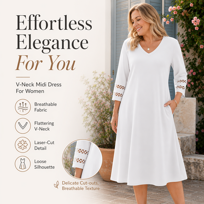 💯High quality☀️👗Top Pick - V-Neck Midi Dress – Relaxed Fit & Soft Drape for Any Occasion