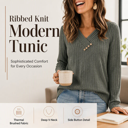 ⏰Last Day Sale 55% Off💃Women's Ribbed Knit V-Neck Top with Decorative Buttons