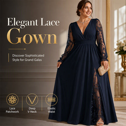 🌸 Elegant Detail | Women's V-Neck Lace Patchwork A-Line Maxi Dress
