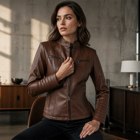 ✨ Elevated Moto Style | Women's Slim-Fit Quilted-Shoulder Faux Leather Jacket