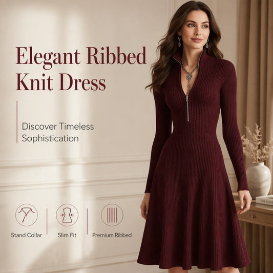💖 Flattering Fit, Easy Comfort | Women's Ribbed Knit Half-Zip Slim-Fit Dress