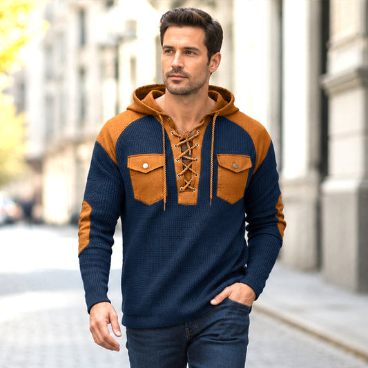 🧶 Rugged Details, Easy Comfort | Men's Waffle-Knit Lace-Up Hooded Sweatshirt
