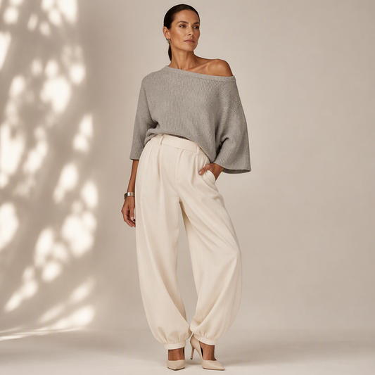 💖 Latest Design | Women's Off-Shoulder Knit Top & Relaxed Pants 2-Piece Set