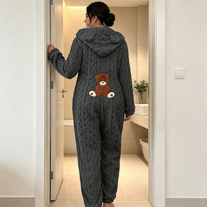 💖🐻 Playful Comfort | Women's Bear-Embroidered Cable-Knit Hooded Loungewear