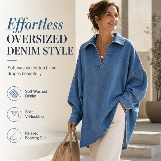 Women's Casual Loose Denim V-Neck Pullover Shirt with Batwing Sleeves and Asymmetrical Hem