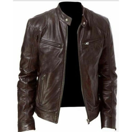 💯 Premium Look, Everyday Ease | Men's PU Leather Stand-Collar Zip-Up Jacket