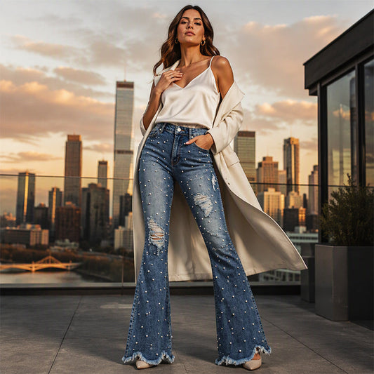 💎 Details That Stand Out | Women's Beaded Distressed High-Waist Flare Jeans