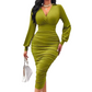 Women's V-Neck Lantern Sleeve Ruched Bodycon Dress