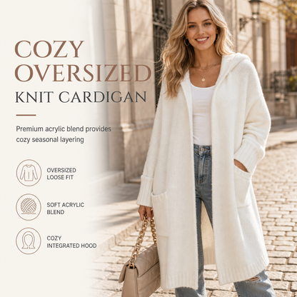 🧶 Long-Line Drape, Cozy Hooded Comfort | Women's Long Hooded Knit Cardigan