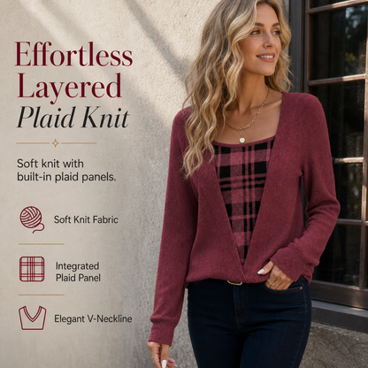 🧩 Layered Look, One Easy Top | Women's Plaid Mock-Layer Knit Top