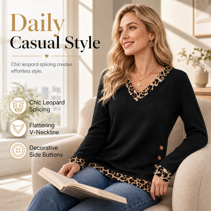 🐆 Leopard Details Make the Look | Women's V-Neck Contrast-Trim Knit Top