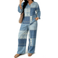 🎨 Denim Look, Lighter Feel | Women's Patchwork Top & Wide-Leg Pants 2-Piece Set