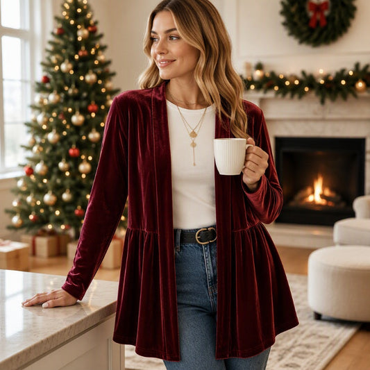 💎 Velvet Texture, Flattering Drape | Women's Peplum Open-Front Cardigan
