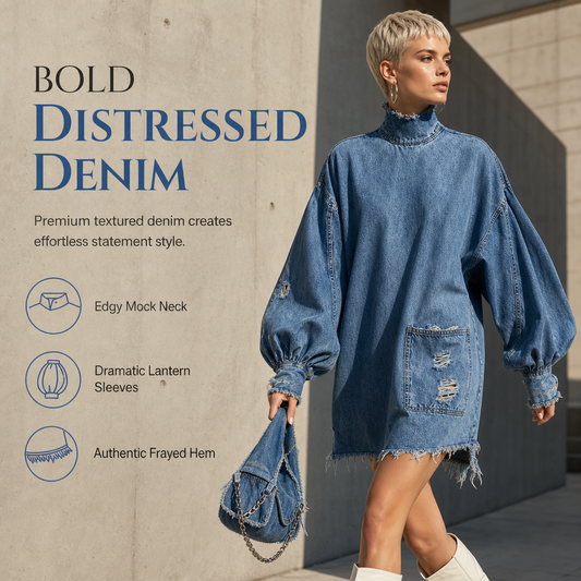 💙 Denim with Drama | Women's Distressed Lantern-Sleeve Oversized Mini Dress