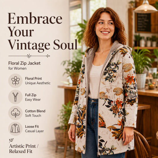 🍃 Vintage Print, Easy Coverage | Women's Leaf-Print Hooded Coat