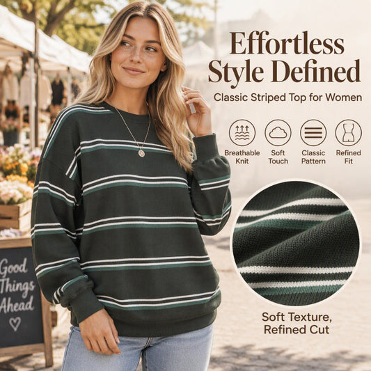 🧶 Soft Breathable Fabric, Timeless Striped Style | Women's Crewneck Casual Top