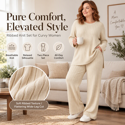 🌙Ribbed Knit Matching Set for Women, Side-Split Knit Top + Elastic Waist Pants, Versatile Lounge Outfit