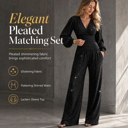 🎁✨ Women's Two Piece Outfit Fall Winter Deep V Neck Lantern Sleeve Pleated Top and Wide Leg Pants with Pockets
