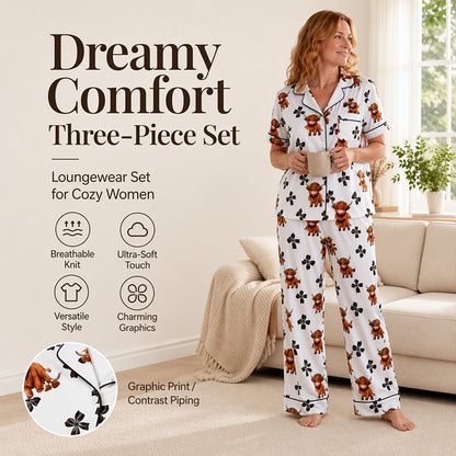 🐮 Playful Print, Cozy All-Night Comfort | Women's Highland Cow Print 3-Piece Pajama Set