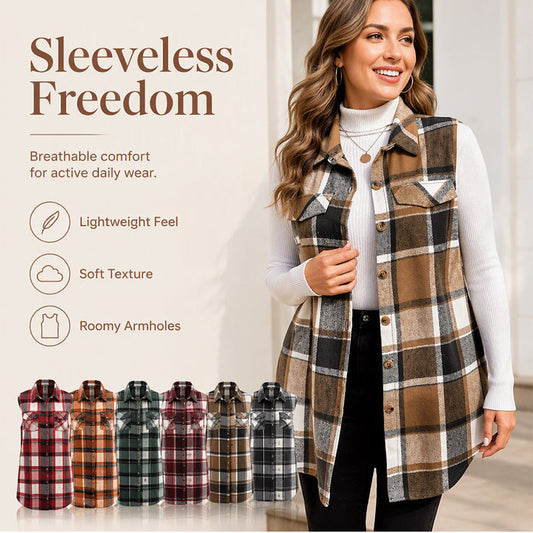 🧥 Timeless Check, Easy Layered Comfort | Women's Plaid Button Down Vest Shirt with Pockets