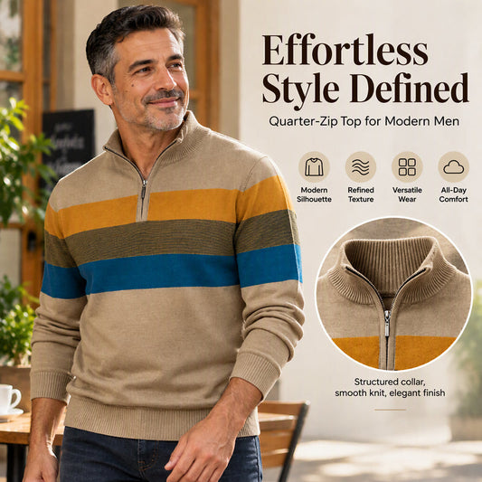 🧶 Eye-Catching Pattern, Streamlined Layered Comfort | Men's Casual Slim Fit Half-Zip Striped Sweater