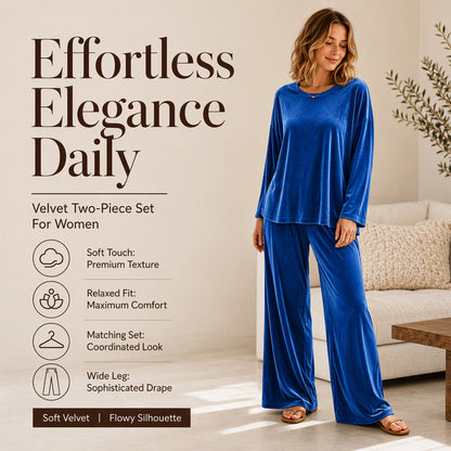 💠 Plush Softness, Easy Coordinated Comfort | Women's Velvet Long Sleeve Top & Wide-Leg Pants Set