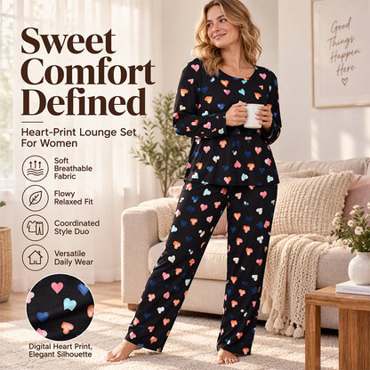 💕 Playful Print, Cozy All-Night Comfort | Women's Heart Print Long Sleeve Pajama Set