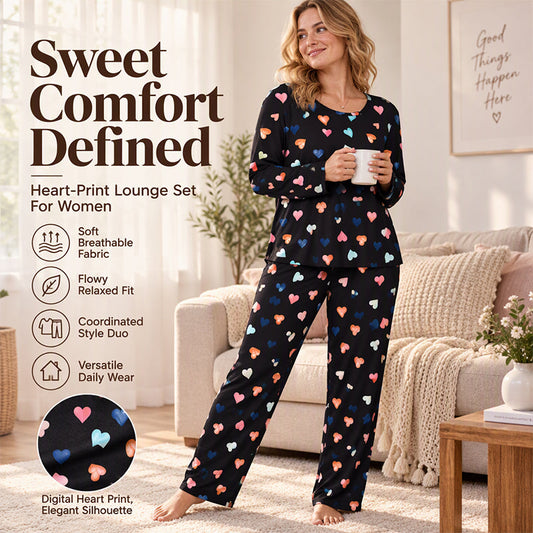 💕 Playful Print, Cozy All-Night Comfort | Women's Heart Print Long Sleeve Pajama Set