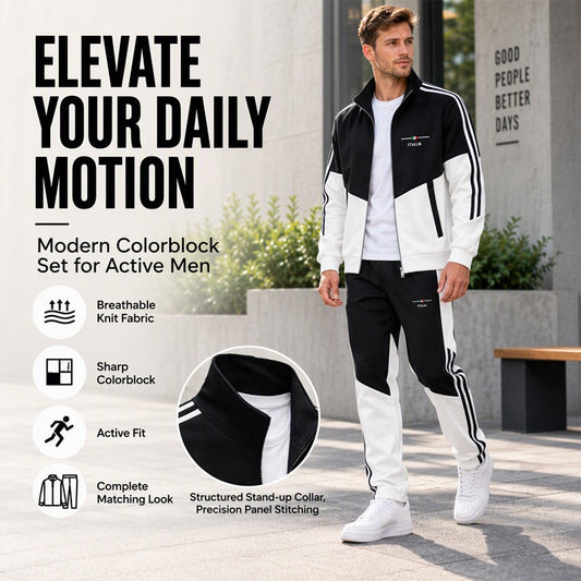 🏃 Sporty Contrast Style, Move-Ready Comfort | Men's Colorblock Zip-Up Jacket & Drawstring Pants Set