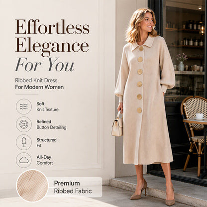 ✨ Feminine Sleeve Volume, Flattering Stretch Comfort | Women's Lantern Sleeve Ribbed Knit Maxi Dress