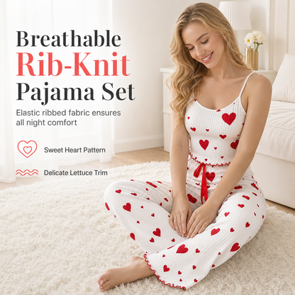 💞 Womens 2 Piece Ribbed Pajama Set Heart Print Camisole Top and Long Pants Loungewear
