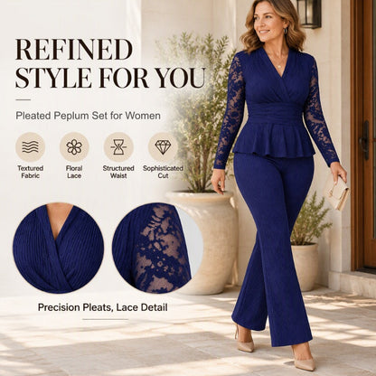 🌸 Delicate Sleeve Detail, Waist-Defining Silhouette | Women's Elegant Lace Sleeve Peplum Top & Pants Set