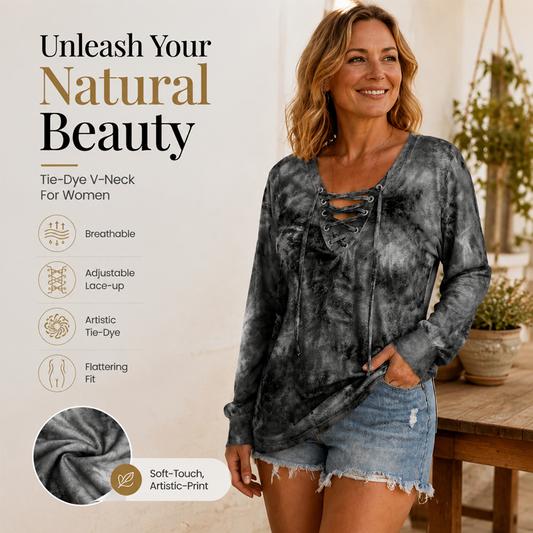 🎨 Artistic Print, Flattering Neckline | Women's Tie-Dye Printed Lace-Up V-Neck Top