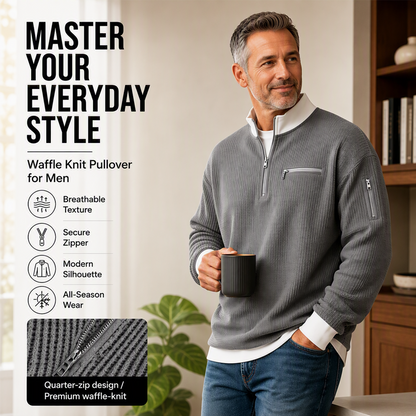 🧵 Textured Feel, Easy Layered Comfort | Men's Casual Waffle Quarter Zip Sweatshirt