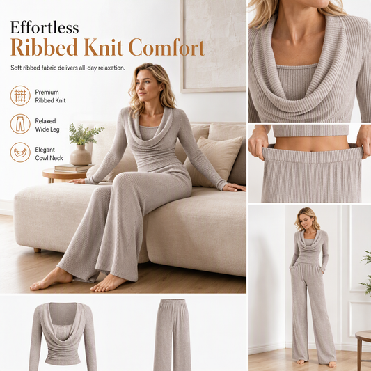 🧶 Women's Casual Knitted Two-Piece Set with Long Sleeve Waist-Cinching Top and High-Waisted Wide-Leg Pants