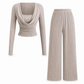 🧶 Women's Casual Knitted Two-Piece Set with Long Sleeve Waist-Cinching Top and High-Waisted Wide-Leg Pants
