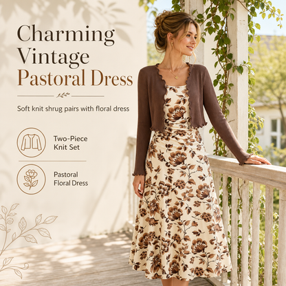 🌷 Vintage Floral Slip Dress, Cropped Ribbed Knit Cardigan | Women's 2-Piece Outfit Set