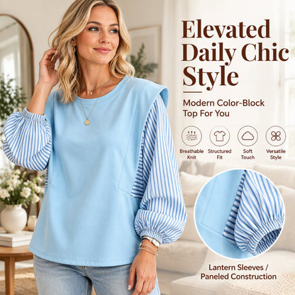 👚 Artistic Panel Detail, Easy Everyday Comfort | Women's Casual Patchwork Long Sleeve Top