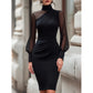 🌸 Clean Neckline, Sheer Mesh Accent | Women's Mock Neck Mesh Bodycon Dress