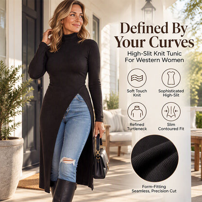 🧶 Cozy Neck Warmth, Graceful Side Movement | Women's Turtleneck High Split Knit Tunic